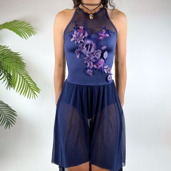 Vintage Y2K Blue Floral Fairycore Dance Leotard Rave Dress Costume / Size: Small - Picture 2 of 5